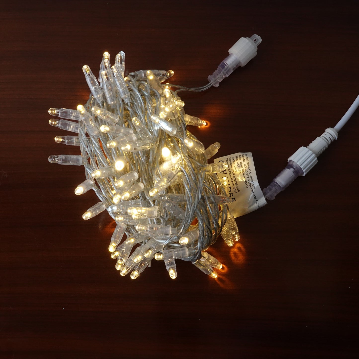 24V 8m micro light strings, warm white 3000K LEDs, with cold white 7000K flash, transparent cable