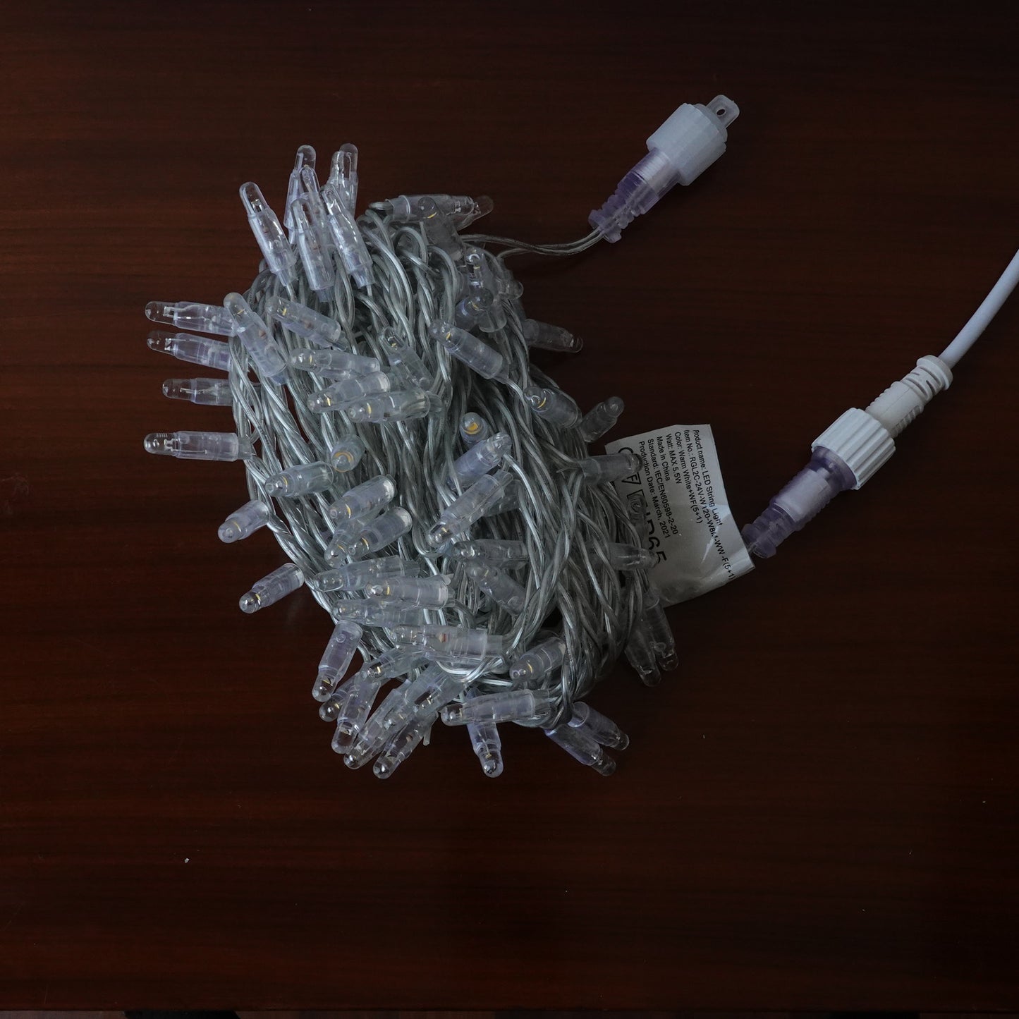 24V 8m micro light strings, warm white 3000K LEDs, with cold white 7000K flash, transparent cable