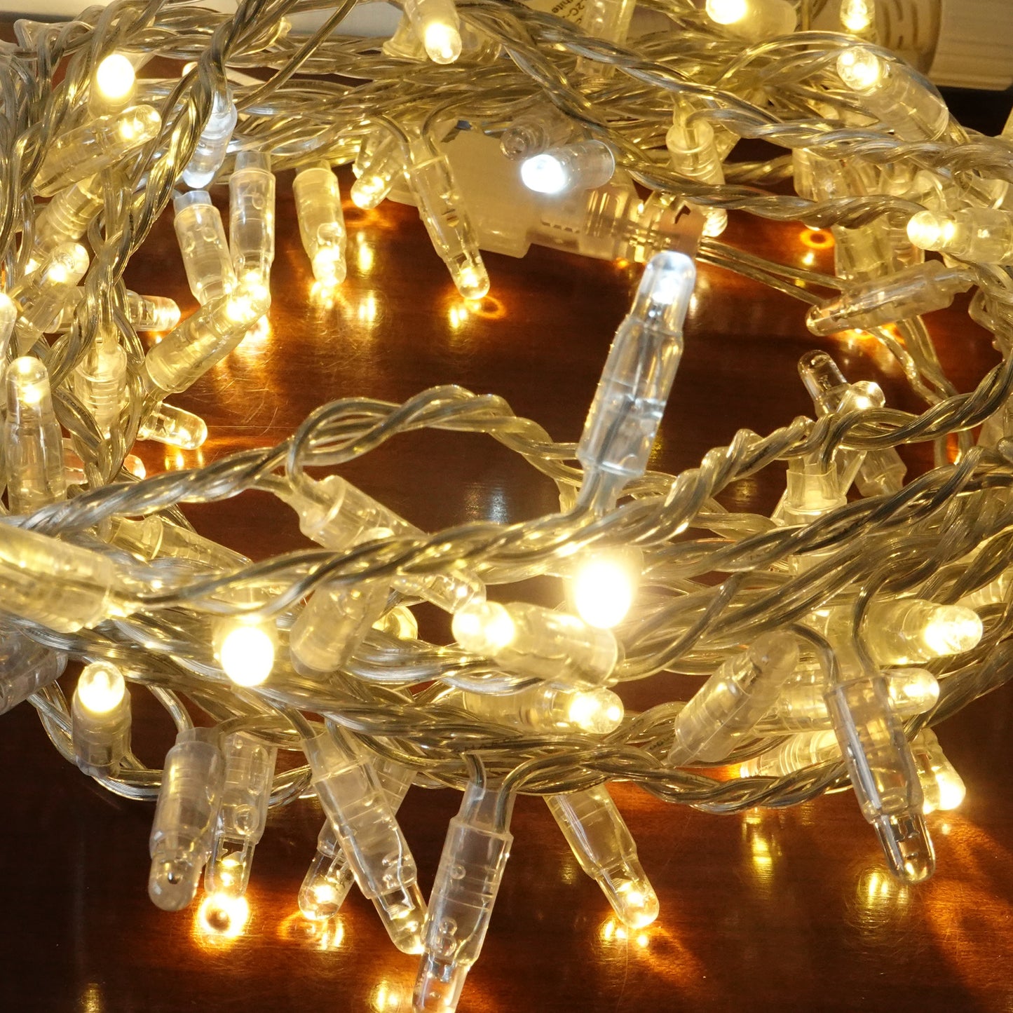 24V 8m micro light strings, warm white 3000K LEDs, with cold white 7000K flash, transparent cable