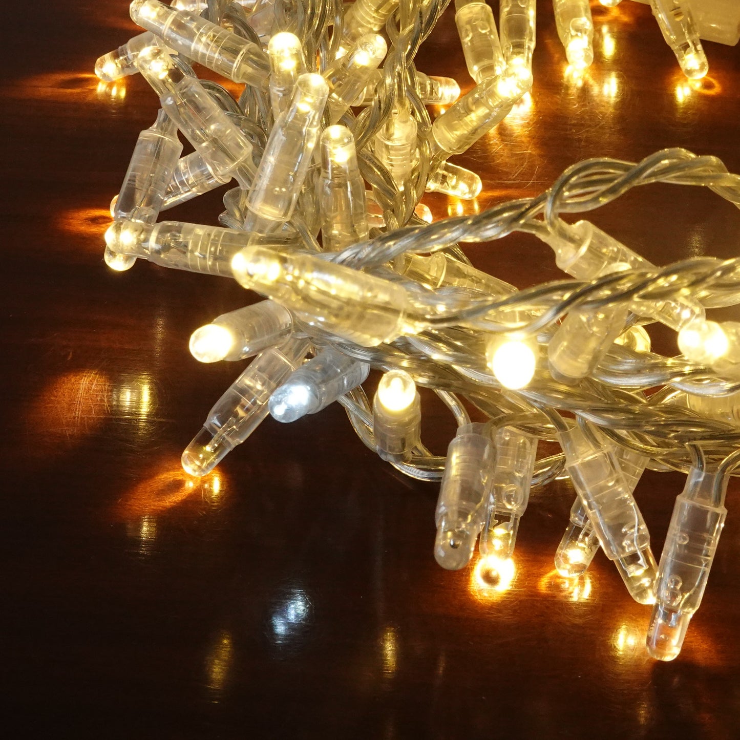 24V 8m micro light strings, warm white 3000K LEDs, with cold white 7000K flash, transparent cable