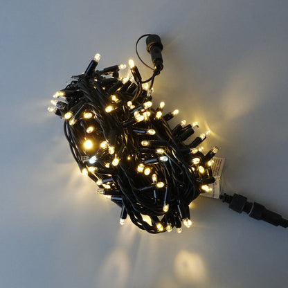 230V 8m micro light strings, warm white 3000K LEDs, with cold white 7000K flash, black cable