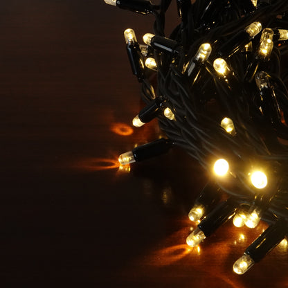 230V 8m micro light strings, warm white 3000K LEDs, with cold white 7000K flash, black cable