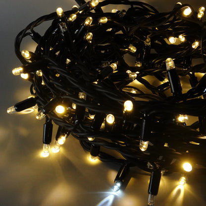 230V 8m micro light strings, warm white 3000K LEDs, with cold white 7000K flash, black cable